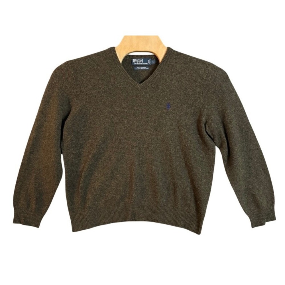 Polo Ralph Lauren Women V-Neck Sweater Olive Green 100% Lambswool Size L Logo